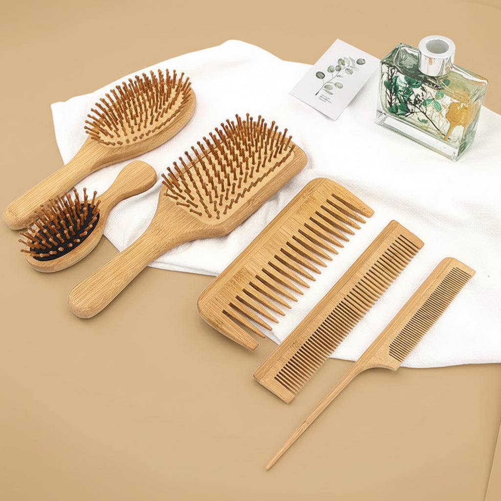 Bamboo cushion set detangling hair brush combo set for detangling Brush 6 piece